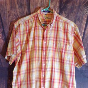 Alan Flusser Men’s  Size L Pink & Orange Plaid Short Sleeve Shirt Button Down